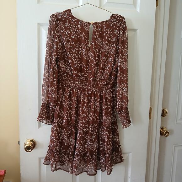 Indulge Instyle Dress Womens XL Brown A-line Floral Long Sleeve Chiffon Coquette - Picture 3 of 16